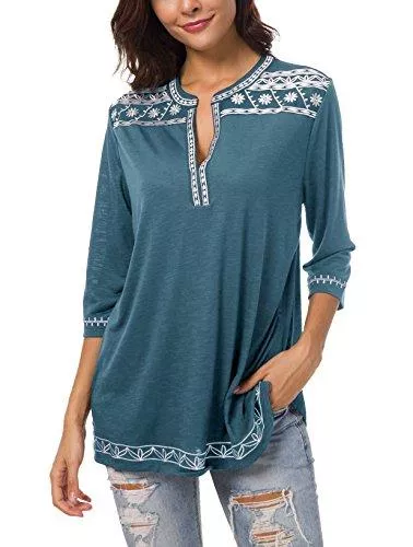 Urban GoCo Langarmblusen Urban GoCo Damen Böhmen Stickerei V-Ausschnitt Tops Blouse