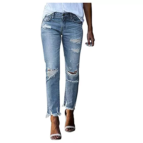 Vectr Jeans Vectry Damen Jeans 7/8 Hosen Denim Pants Sommerhose Freizeithosen Straight Leg Jeanshose Skinny Stretch Löcher Hosen Boyfriend Style Zerrissene Destroyed Jeanshosen