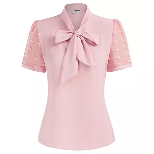 Kate Kasin Kurzarmblusen Kate Kasin Damen Langarm Casual Oberteil Basic Tops Bluse Vintage Hemd T-Shirt mit Schleife KKA02153