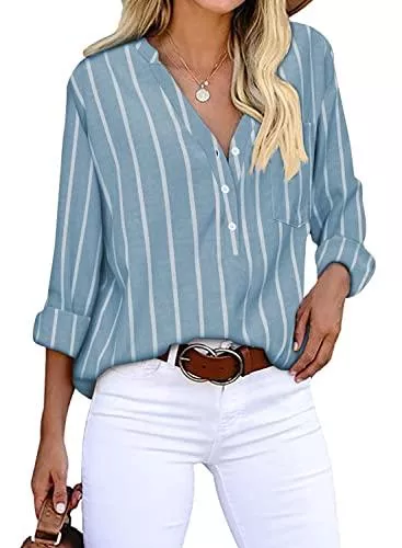Cindeyar Langarmblusen Cindeyar Bluse Damen Langarm Streifen Oberteile Casual Langarmshirt Tops Lose Baumwolle Tunika Hemd