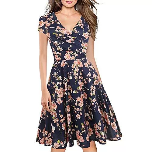 LINCMAN Freizeit Women's Criss-Cross Necklines V-Neck Cap Sleeve Floral Casual Work Stretch Swing Summer Dress Party Dress