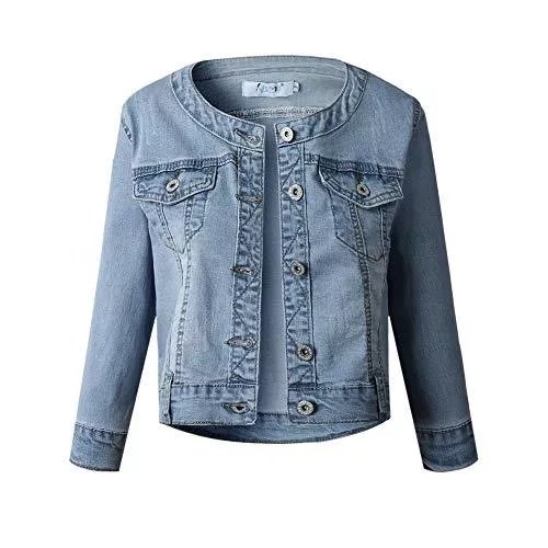 Only Faith Jacken Only Faith Women's Light Blue Round Neck Short Denim Shawl Jacket 3/4 Sleeve (2XL)