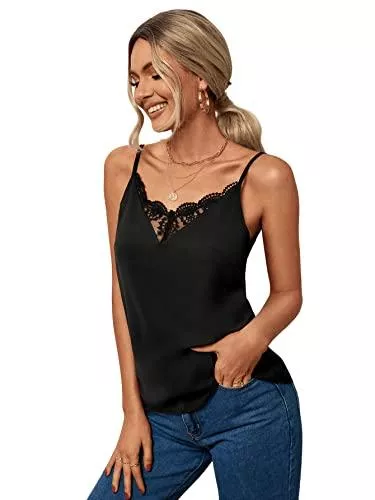 SheIn Tops SheIn Damen Rückenfrei Top Spaghettiträger Shirts Sommer Basic Cami Tops mit Spitze