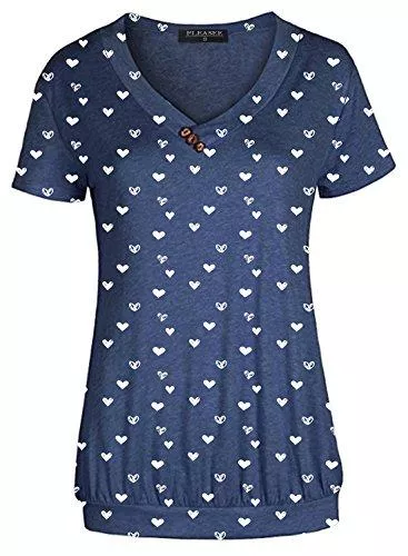 FLEASEE T-Shirts FLEASEE Damen T-Shirt Lässig Kurzarm Basic Tee V-Ausschnitt Shirts Stretch Falten Tunika mit Knöpfen Allover Minimal Druck Sommer Oberteile Tops