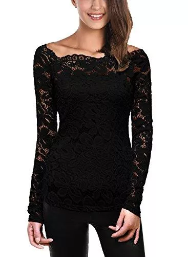 DJT Langarmblusen DJT Damen Langarmshirt Bluse mit Tops Floraler Spitze Weg von der Schulter Oben