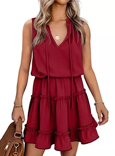 Modasua Freizeit Modasua Damen Kleider Langarm Blusenkleid Elegant Sommerkleid Casual Tunika Kleid Einfarbig Minikleid V-Ausschnitt Flowy Kleid mit Kordelzug