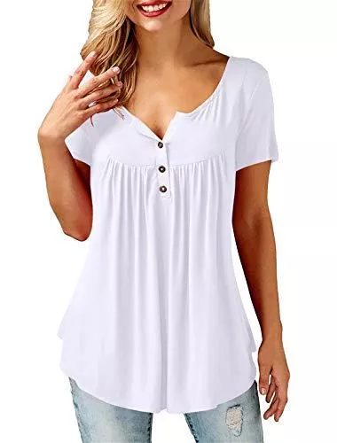 Amoretu Kurzarmblusen Amoretu T-Shirt Damen V-Ausschnitt Knopfleiste Bluse Solide Tunika Langarm/Kurzarm Tops