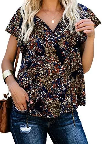 Dokotoo Kurzarmblusen Dokotoo Damen Bluse Sommer Blumen Kurzarm Tunika Boho Lose V-Ausschnitt Oberteile T-Shirt Tops S-2XL
