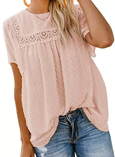 Reukree Kurzarmblusen Reukree Damen Blusen Sommer Rundhals Spitze Langerm Tops Casual Tuniken Sommer T-Shirt Elegante Blusen S-2XL
