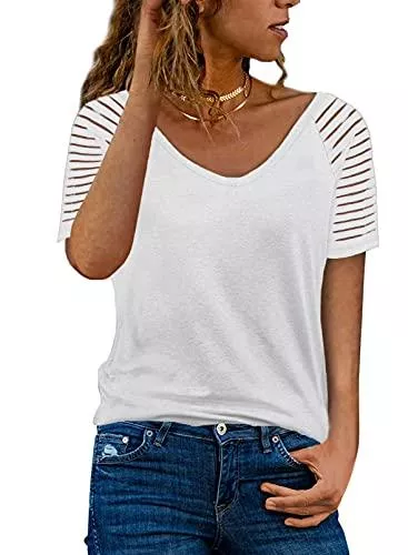 Dokotoo Kurzarmblusen Dokotoo Damen Oberteile Streifen Mesh Langarmshirt Casual V-Ausschnitt Bluse Shirt Tops S-XXL