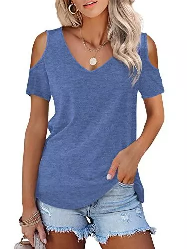 Beluring T-Shirts Beluring Damen Tshirts Schulterfrei V-Ausschnitt Oberteile Sommer Bluse Shirts