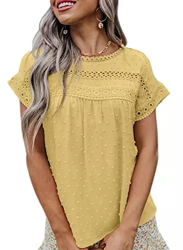 Reukree Kurzarmblusen Reukree Damen Blusen Sommer Rundhals Spitze Langerm Tops Casual Tuniken Sommer T-Shirt Elegante Blusen S-2XL