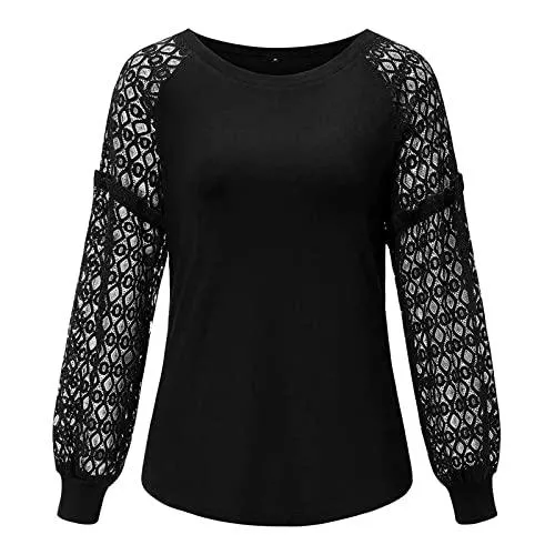Alueeu Langarmblusen Tunika Damen Langarm Elegant große größen ausgefallene Lang 48 Winter Boho Party Oberteile Frauen Spitze Elegant mit Spitze Schwarz Langarmshirt Top T Shirt Bluse Pullover Pulli Tunika Vintage Tuniken