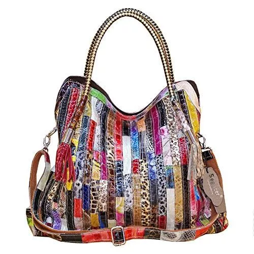 Segater Taschen & Rucksäcke Segater® Damen Multicolor Einkaufstasche Echtes Leder Handtasche Bunte Patchwork Große Umhängetasche Shopper Taschen Großer Crossbody Hobo Handtasche