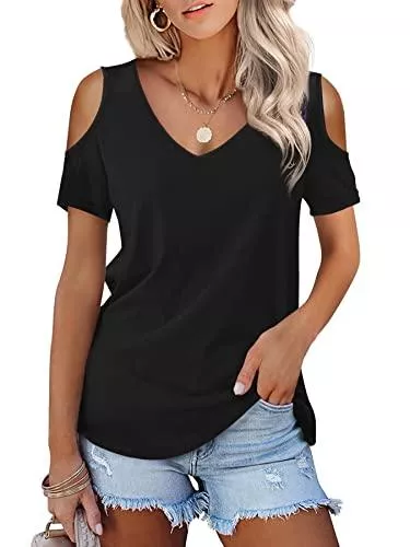 Beluring Kurzarmblusen Beluring Damen Tshirts Schulterfrei V-Ausschnitt Oberteile Sommer Bluse Shirts
