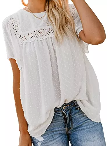 Reukree Kurzarmblusen Reukree Damen Blusen Sommer Rundhals Spitze Langerm Tops Casual Tuniken Sommer T-Shirt Elegante Blusen S-2XL