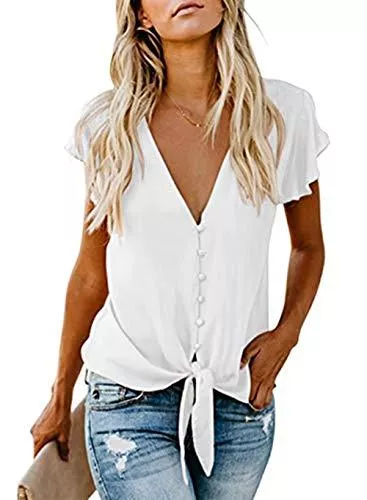 FIYOTE Kurzarmblusen FIYOTE Bluse Elegant Damen Hemd Lose Tops mit 3 4 Arm Knopf Top Tunika Chiffon Oberteile V-Ausschnitt Hemd Fledermausärmel Lose S/M/L/XL/XXL