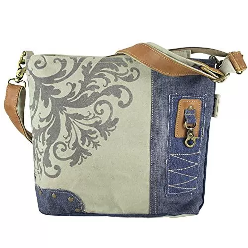 Sunsa Taschen & Rucksäcke Sunsa Damen Umhängetasche Tasche aus recycelten Jeans Canvas &amp; Leder, beige/blau