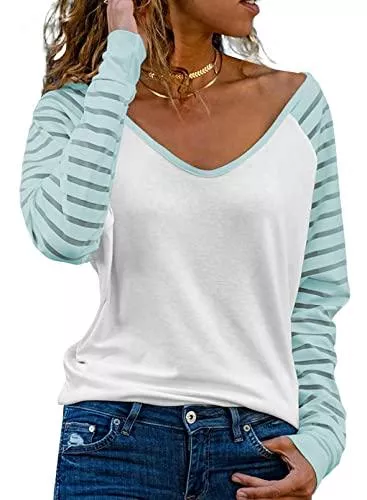 Dokotoo Langarmshirts Dokotoo Damen Oberteile Streifen Mesh Langarmshirt Casual V-Ausschnitt Bluse Shirt Tops S-XXL
