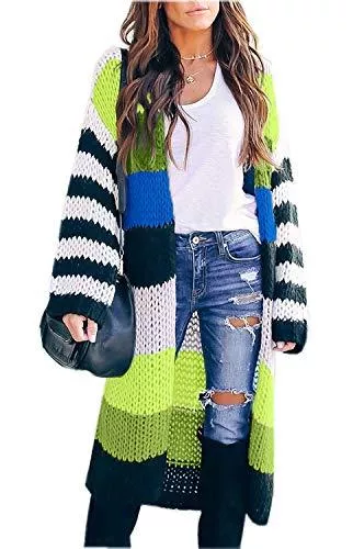 ORANDESIGNE Strickjacken ORANDESIGNE Cardigan Damen Lang Strickmantel Mantel Stricken Strickjacke Strick Cardigan Rainbow Kontrastfarbe Langarm Gestreift Outwear Lose Casual Langarm Coat Jacke Oversized