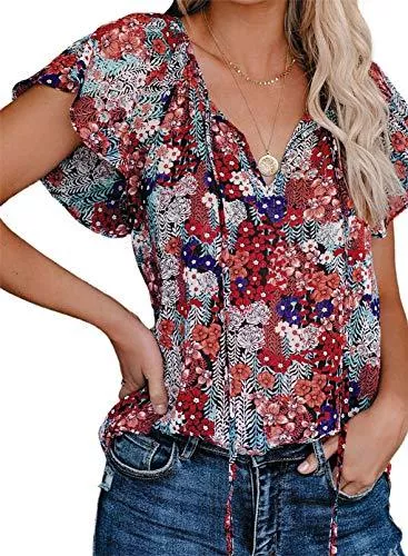 Dokotoo Kurzarmblusen Dokotoo Damen Bluse Sommer Blumen Kurzarm Tunika Boho Lose V-Ausschnitt Oberteile T-Shirt Tops S-2XL