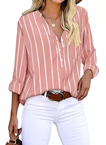 Cindeyar Langarmblusen Cindeyar Bluse Damen Langarm Streifen Oberteile Casual Langarmshirt Tops Lose Baumwolle Tunika Hemd