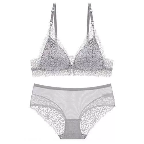 DKEE Unterwäsche & Dessous DKEE Unterwäsche Damen Unterwäsche Set Push Up Kein Stahlring Frontöffnung Schnalle BH Und Pantie Set Sexy Spitze Bestickte Unterwäsche Stickerei Dessous (Color : Gray, Size : 80B=34B=75B)