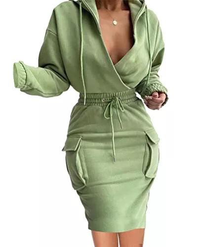 Tomwell Freizeit Tomwell Damen Freizeit Kleid mit Kapuze Elegant V-Ausschnitt Drucken Minikleid Ballkleid Festkleid Frauen Langarm Mit Tasche Wickelkleider Abendkleider Partykleid