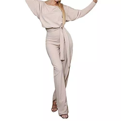 TSWRK Jumpsuits TSWRK Jumpsuit Damen Elegant Playsuit Langarm Overall Rundhals Lang Romper mit Gürtel