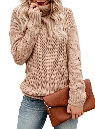 Dokotoo Pullover & Strickmode Dokotoo Damen Winter einfarbig Casual Lose Langarm Basic Rollkragen Zopfmuster Pullover Rippstrick Tops