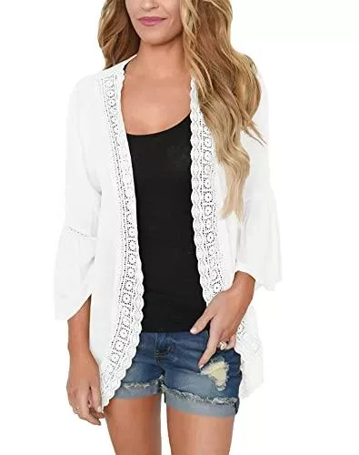 PRETTODAY Strickjacken PRETTODAY Damen Sommer Kimono Cardigan Rüschen Glockenärmel Pullover Spitze Cover Up Lose Bluse Tops