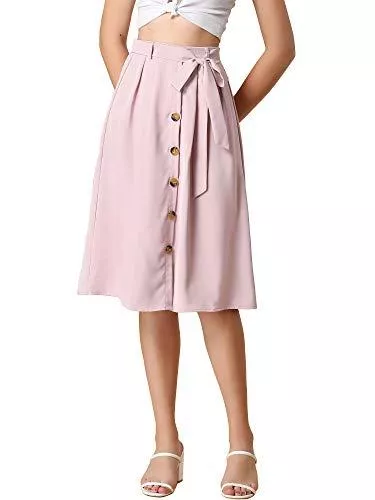 Allegra K Röcke Allegra K Damen A Linie High Waist Knielang Bindegürtel Knopfleiste Faltenrock Rock