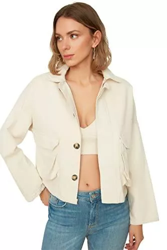 Trendyol Jacken Trendyol Damen Detail Denimjacke Pocket Detailed Denim Jacket, Ecru