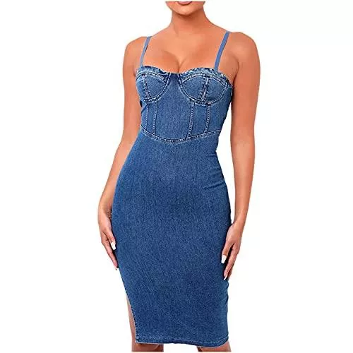 Masrin Freizeit Masrin Damen Jeanskleid Modisch Low-Cut Sling Etuikleid Einfarbig Split Gabel Schmales Reißverschluss Minikleid Figurbetontes Kleid