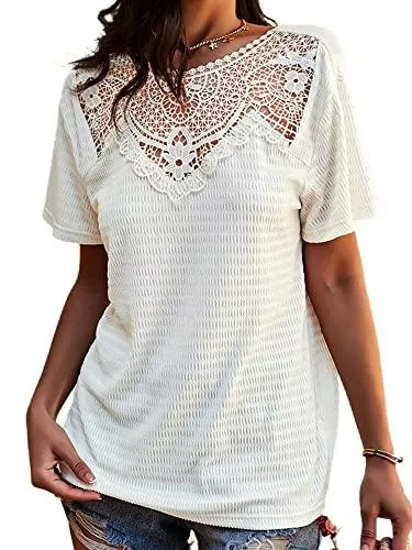 Colisha Kurzarmblusen Kurzarm T-Shirt Damen Sommer Tunika Top Elegant Spitzen Aushöhlen Blusen Oberteile Locker Lässig Rundhals Einfarbige Bluse Shirt