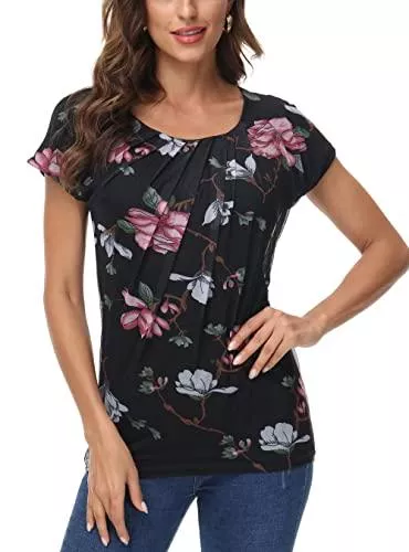 FLEASEE Kurzarmblusen FLEASEE Damen Falten Bluse Batwing Rundkragen Tunika Chiffonbluse T-Shirt Top Sommer Casual Loose Fit