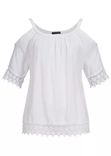 Styleboom Fashion® Kurzarmblusen Styleboom Fashion® Damen Shoulder Shirt Häkeleinsatz Weiss