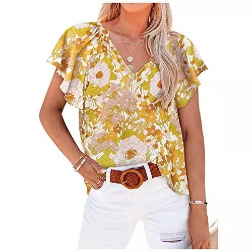 CYSTYLE Kurzarmblusen CYSTYLE Damen Sommerbluse Kurzarm V Ausschnitt Blumen Tunika Blusen Tops Shirts Tops Freizeithemd Frauen Casual Bluse Freizeitoberteil