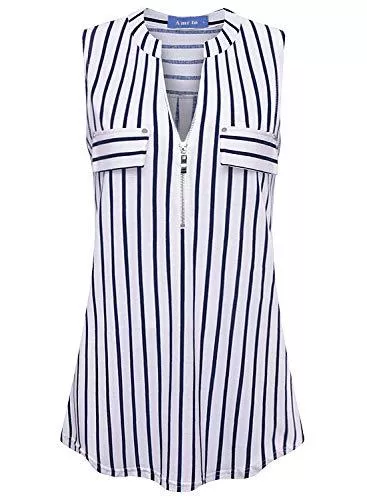 Amrto Ärmellose Blusen Amrto Damen V-Ausschnitt Shirts Casual Bluse mit Reißverschluss Tunika Tops