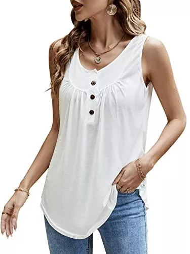 Bequemer Laden Ärmellose Blusen Bequemer Laden Damen Sommer Casual Tank Top Ärmellose T Shirt Knopfleiste Bluse Lose Oberteile Tunika Shirt Top mit Plissee