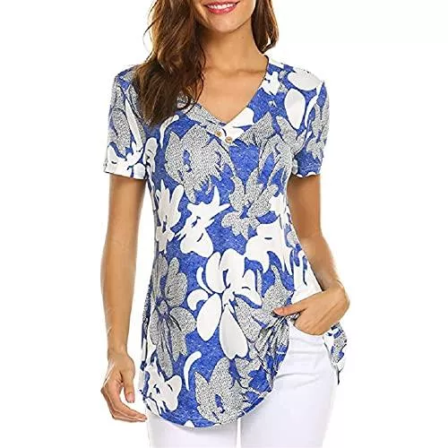 RJINS Ärmellose Blusen Damen Sommer Tops Plus Size Tunika Casual Blumenblusen Kurzarm V-Ausschnitt Shirts M-4XL