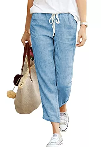 - Hosen Hosen Damen Sommer Leinenhose Casual Basic Hose Einfarbig Loose Freizeithose Bequeme Strandhose Atmungsaktive Pants Mit Tunnelzug