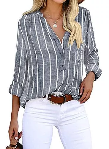 Cindeyar Langarmblusen Cindeyar Bluse Damen Langarm Streifen Oberteile Casual Langarmshirt Tops Lose Baumwolle Tunika Hemd