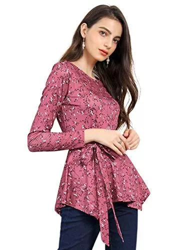 Allegra K Langarmblusen Allegra K Damen Langarm Rundhals Bindergürtel Blumen Peplum Top Bluse