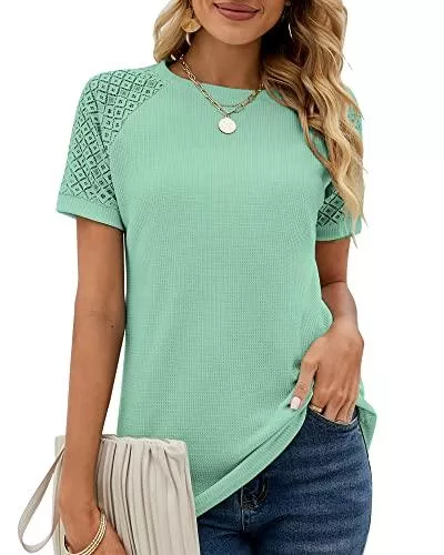 Bequemer Laden T-Shirts Bequemer Laden Damen Sommer Rundhals Tshirt Spitze Kurzarm Puff Ärmel Oberteile Casual Loose T-Shirt Einfarbig Top Bluse