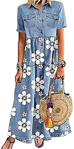 shownicer Freizeit shownicer Sommerkleid Jeans Kleider Damen Strandkleider Boho Sommer Kleid Spaghettiträger Freizeitkleid Ärmellos Kleid Lang Maxikleider