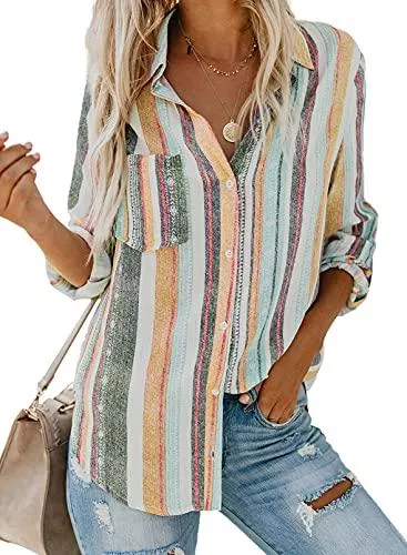FIYOTE Langarmblusen FIYOTE Hemd V-Ausschnitt Damen Oberteile Langarm Revers Kragen Langarmshirt Casual Bluse Freizeithemd Button-Down Farbblock Bluse Business S-XXL