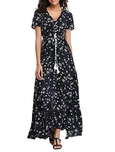 1stvital Freizeit 1stvital Damen Floral Maxikleider Boho Sommer Strandkleid Kurzarm Button Up Split Partykleid