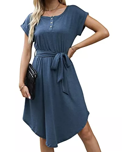 Bequemer Laden Freizeit Bequemer Laden Damen Casual Kleid Kurzarm Rundhals Midi Kleider Elegant Knopfleiste Tshirt Sommerkleid Freizeitkleid mit Gürtel Einfarbig