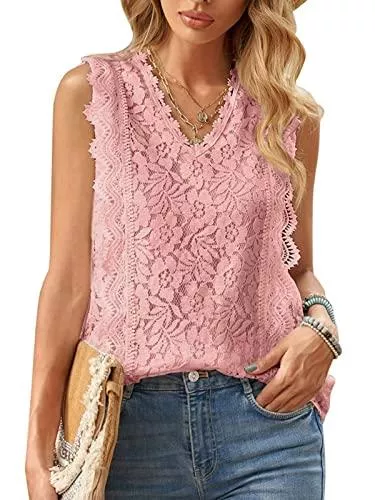 FCSONU Ärmellose Blusen FCSONU Damen Sommer Spitze Tank Top V Ausschnitt Sexy T Shirt Ärmellose Hemd Oberteile Tunika Bluse